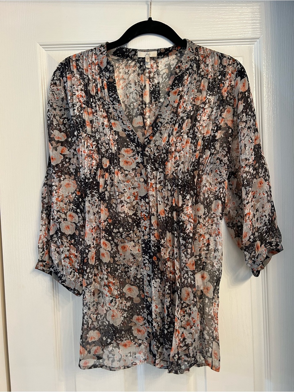 Joie Black Sheer Floral V-Neck Blouse with Peach Accents